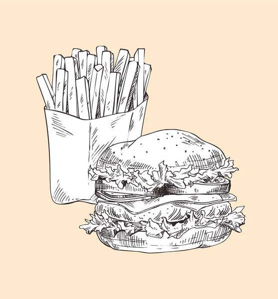 Hamburguesa y papas fritas Vector Ilustración — Archivo Imágenes Vectoriales
