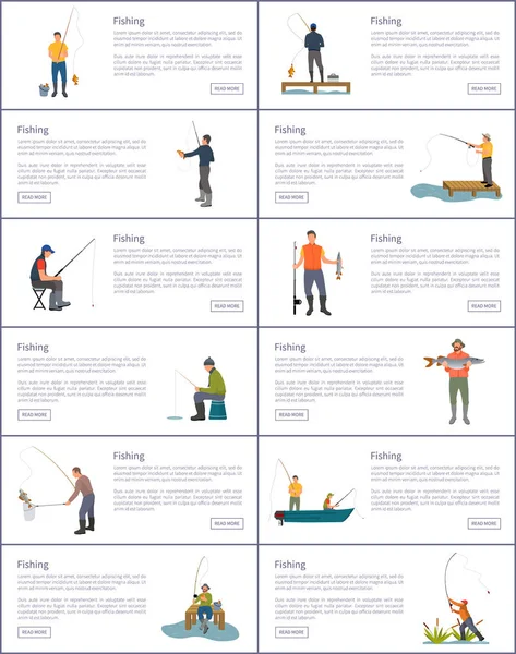 Риболовний процес Чоловічий набір плакатів для хобі та спорту — стоковий вектор