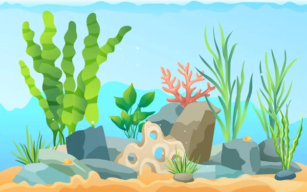 Ilustrasi Rocks and Plants Vector Seascape - Stok Vektor