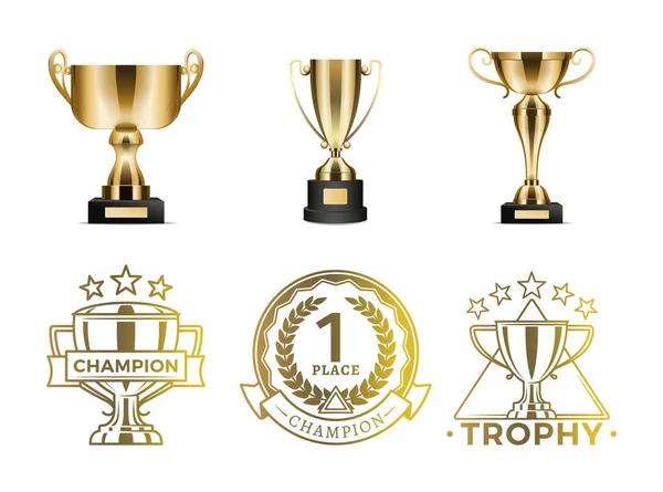 Copas de oro y emblemas redondos para ganadores Diploma — Vector de stock