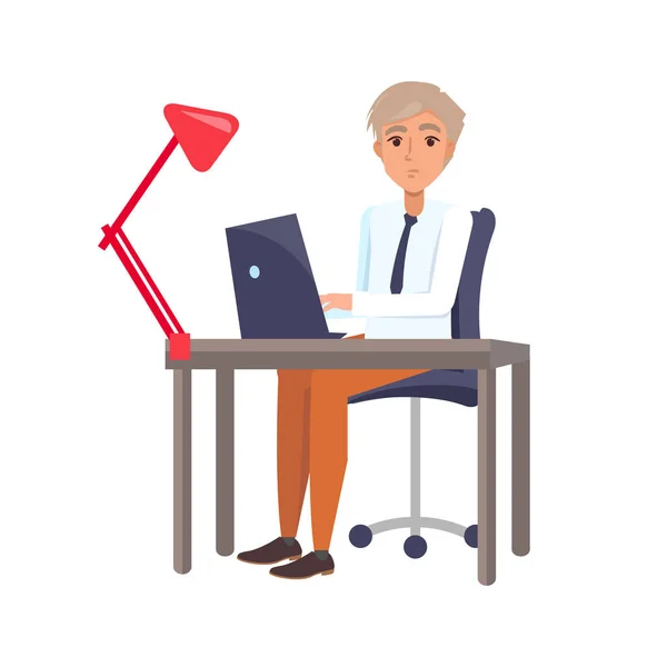 Male Sitting at Workplace and Typing on Laptop — Stock Vector
