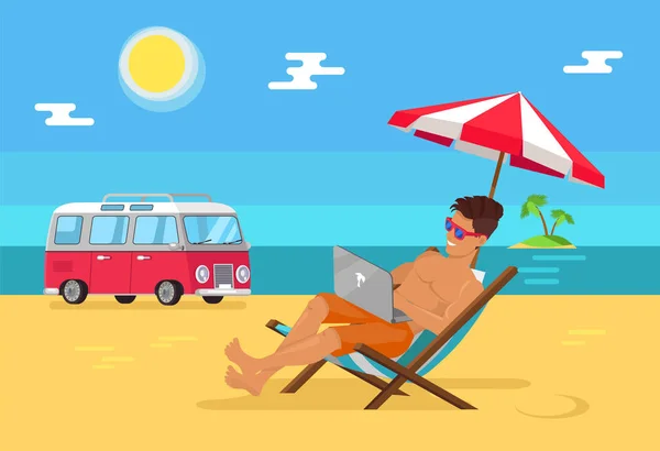 Ελεύθερος επαγγελματίας με το Laptop στο ακουμβών σε αμμώδης παραλία — Διανυσματικό Αρχείο