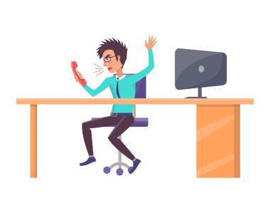 Telefon, vektör çizim bağırarak işçi