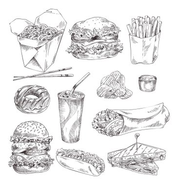 Fast Food beyaz zemin üzerinde grafik sanatı izole