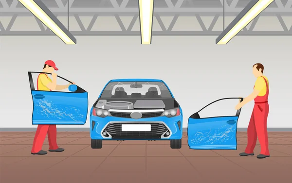 Reparadores Cambiando Puertas de Coche Vector Illustration — Vector de stock