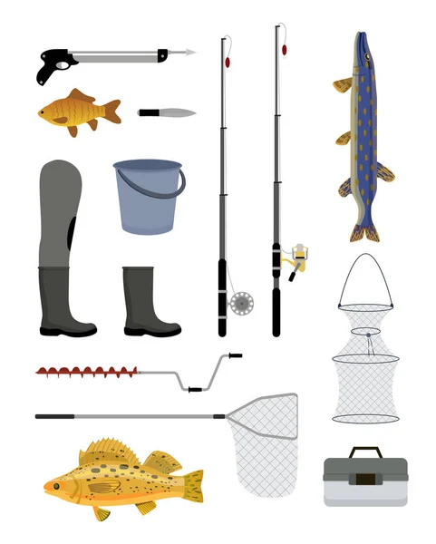 Halászati eszközök és berendezések vektoros illusztráció — Stock Vector