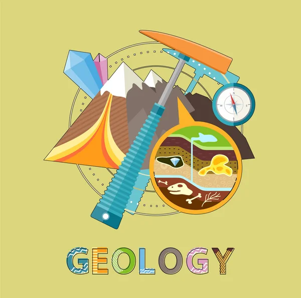 Geology Emblem with Pick, Mountain and Minerals — Stock Vector