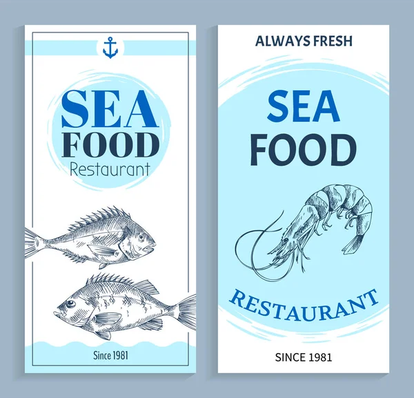 Set de pancartas de restaurante de mariscos dibujados a mano vectorial — Vector de stock