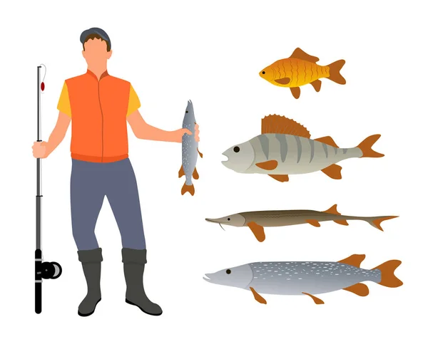 Modelo de pescador y cartel de variedad de peces — Vector de stock