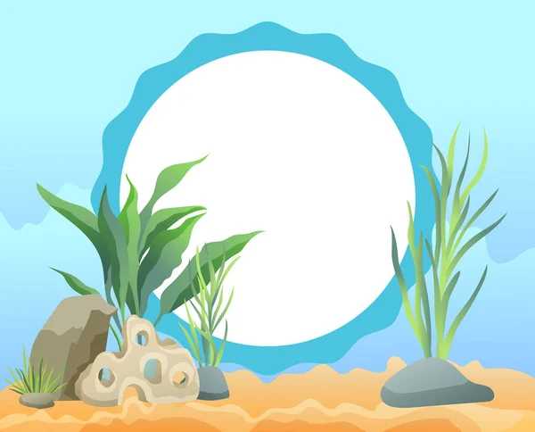 Moldura de foto oval engraçado dos desenhos animados com cartão de ervas daninhas do mar —  Vetores de Stock