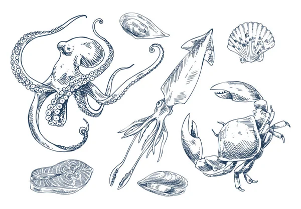 Terisolasi di White Seafood Vector Illustration - Stok Vektor