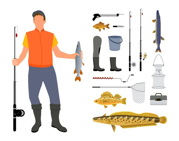 Pescador y herramienta de pesca e ilustración de la ropa — Vector de stock