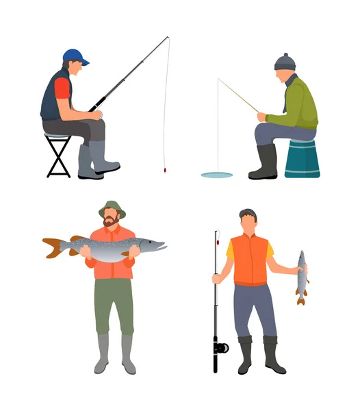 Sitzende und stehende Fischer buntes Plakat — Stockvektor