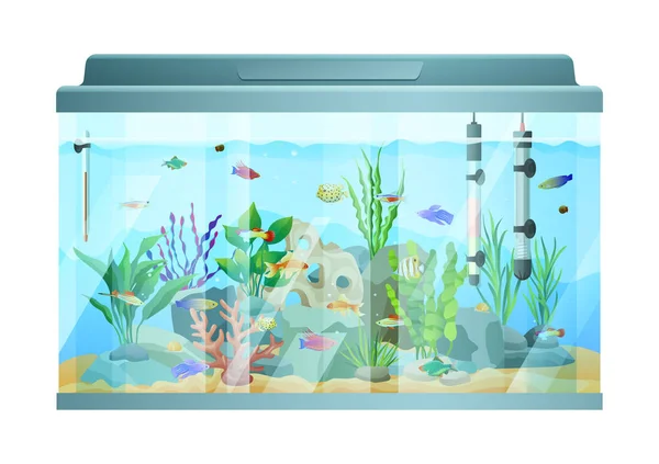 石と水槽の中の海藻の中を泳ぐ魚たち — ストックベクタ