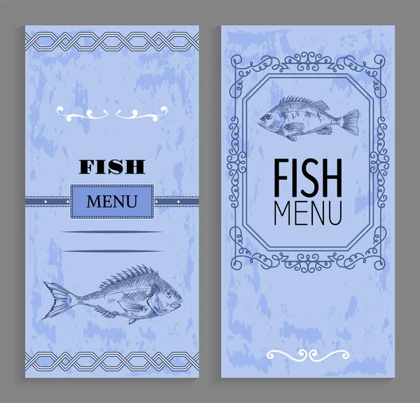 Menú de pescado con siluetas lineales de perca — Vector de stock