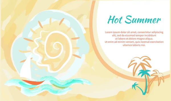 Cartel de verano caliente con cielo abstracto y velero — Vector de stock