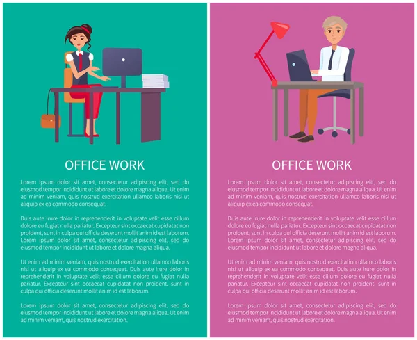 Office Work Banners Set Vector Workers Pages Text — Stock Vector