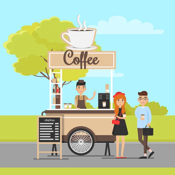 Kaffeemobil und fröhliches Pärchen im Park — Stockvektor