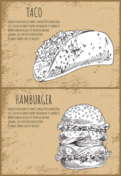 Taco з гамбургер запашними булочками вектор плакат — стоковий вектор