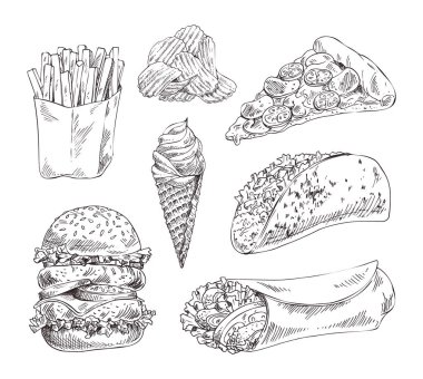 Fast food el çizilmiş vektör tek renkli kroki ayarla