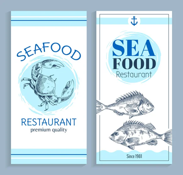 Vektör elle çizilmiş deniz ürünleri Restoran afiş Set — Stok Vektör
