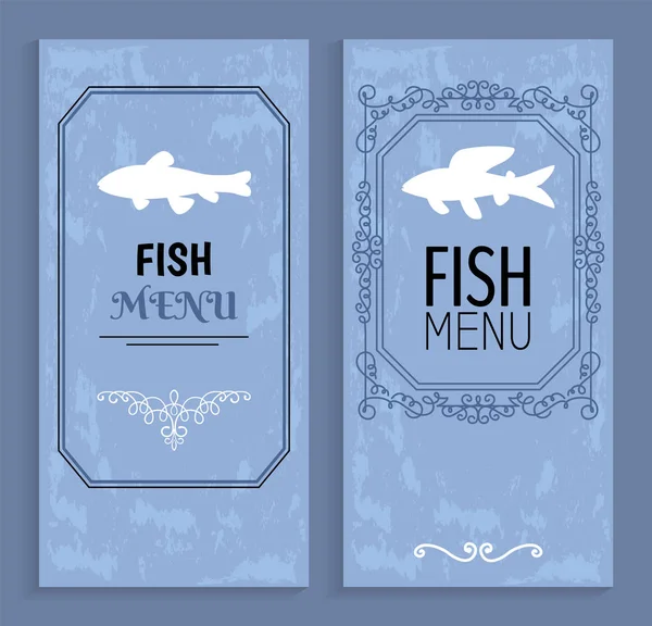 Menu poisson Cartes colorées avec silhouettes blanches — Image vectorielle