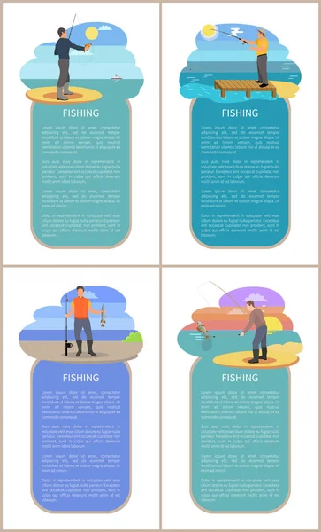 Pesca Homens em Praias Set Vector Ilustração —  Vetores de Stock