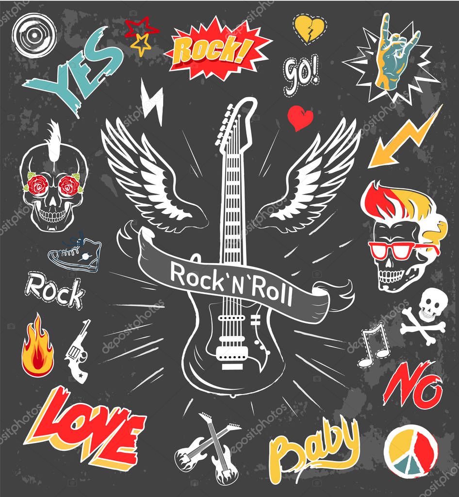 Rock-n-roll forever icons set. Love and music symbol, fire skull with punk hairstyle. Loud music and horned gestures isolated on vector illustration
