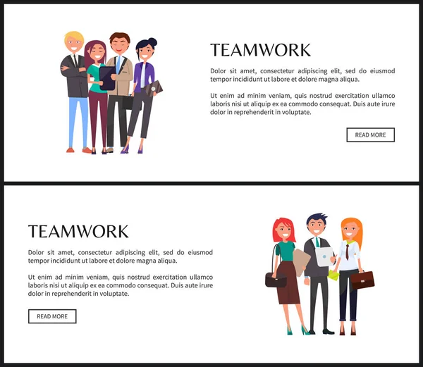 Banner promocional de trabajo en equipo con grupos de trabajadores — Vector de stock