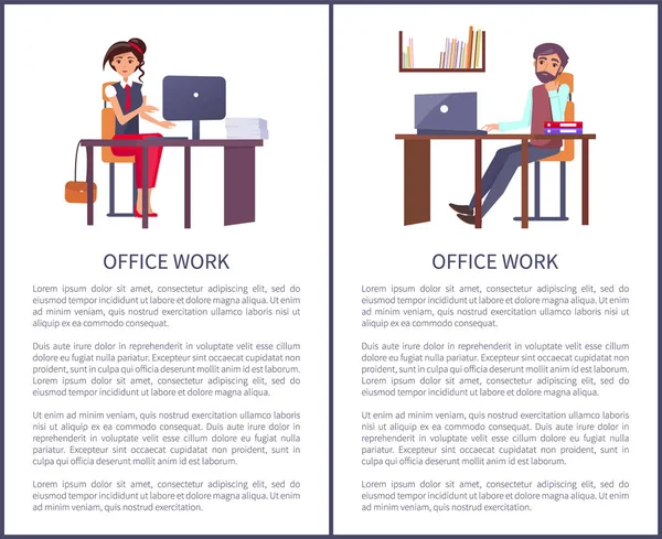办公室工作横幅设置商人男人女人 — 图库矢量图片