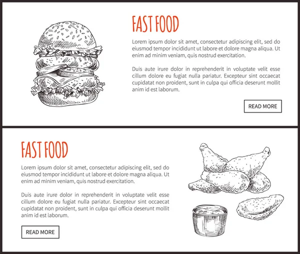 Hamburger fast food e pollo fritto con salsa — Vettoriale Stock