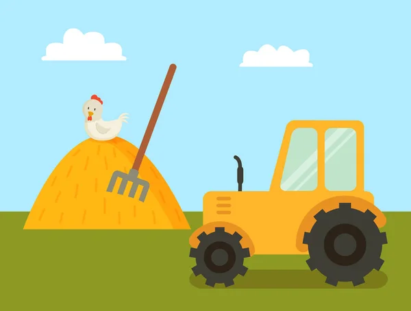 Abstrakter Bauernhof mit Traktor und Heuhaufen — Stockvektor