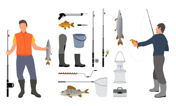 Pescadores exitosos sosteniendo el arrastre y herramientas de pesca — Vector de stock