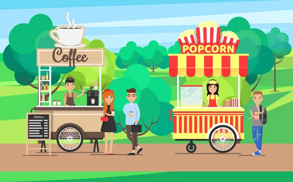 Café e pipoca Vendedores Vector Ilustração — Vetor de Stock