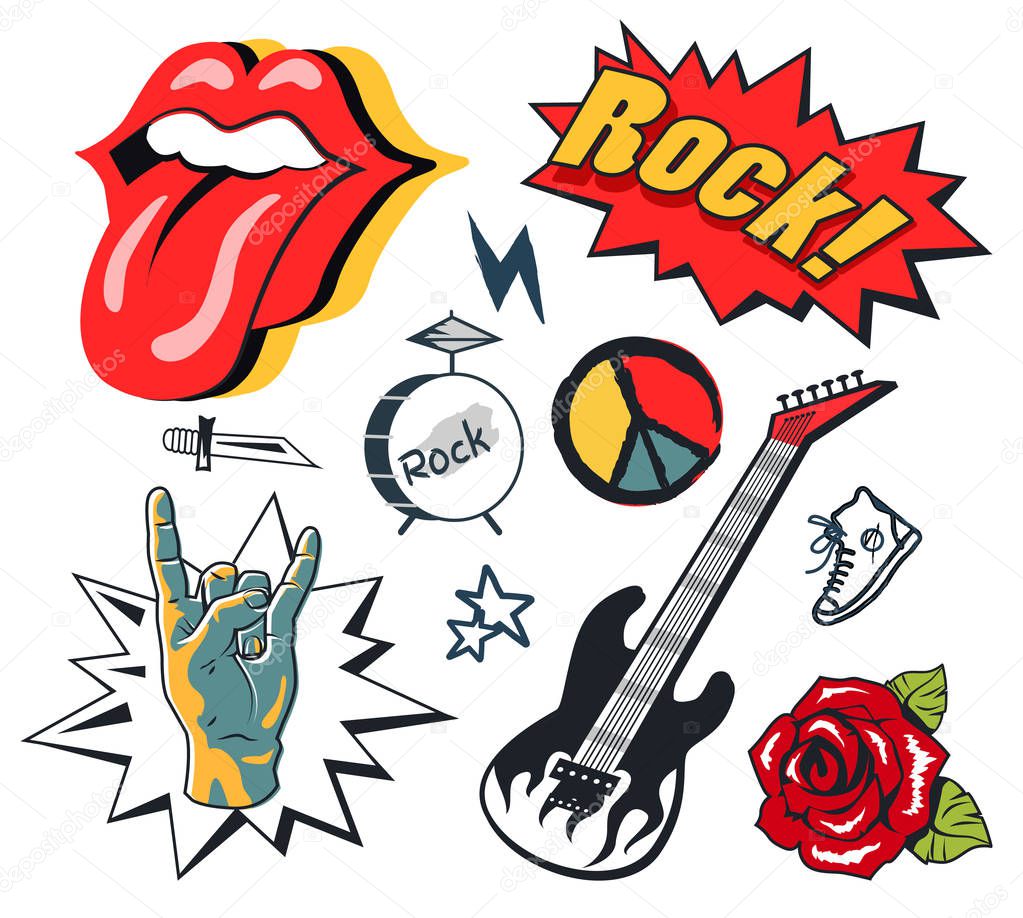 Devil horn gesture, electric guitar and drum kit, rose and converse shoe, peace sign, open mouth with tongue rock and punk vector illustration set.