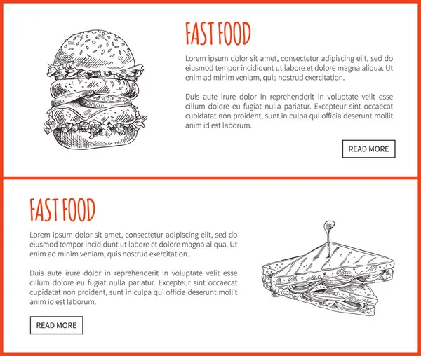 Fast Food, Sandwich en Hamburger smakelijk voorgerecht — Stockvector