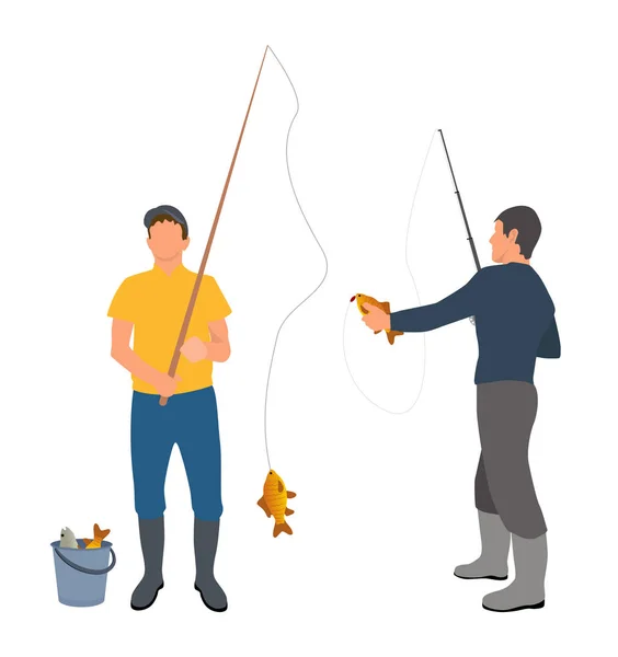 Dos pescadores con arrastre aislado en bandera blanca — Vector de stock