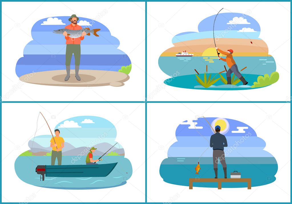Fisherman Seashores People Set Vector Illustration