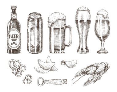 Bira ayarla ve çeşitli vektör çizim Snack