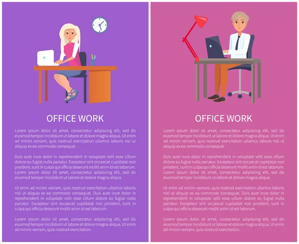 Office Work Banners Man Woman at Workplace Vector — Stock Vector