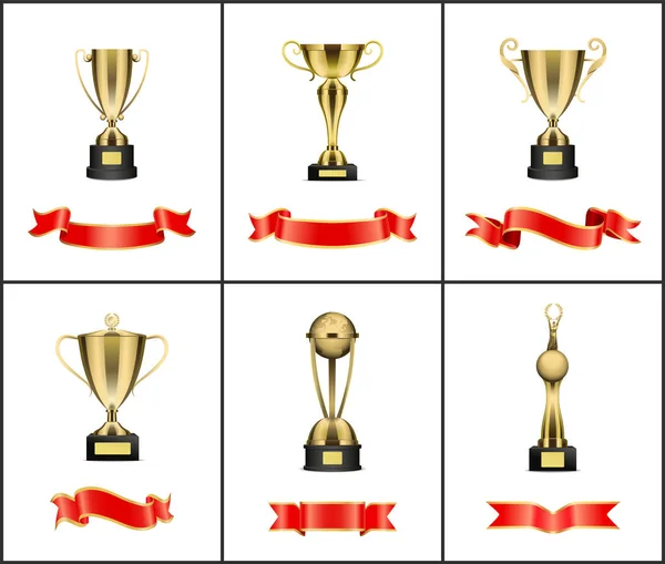 Coupe trophée d'or, prix avec décoration rubans rouges — Image vectorielle