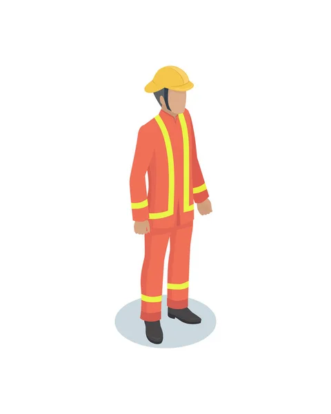 黄色の鮮やかなユニフォームを身に着けている消防士の男 保護用のヘルメットの頭の上を持つ人 火と炎のベクトル上に分離されてから人を救う消防士 — ストックベクタ