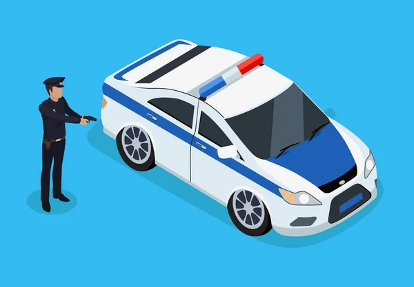 Oficial de policía de pie cerca de la tarjeta de color del coche patrulla — Vector de stock