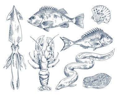 Deniz ürünleri Restoran Poster için tek renkli simge seti