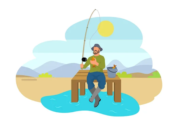 Pescador con caña de pescar y peces Vector icono — Vector de stock