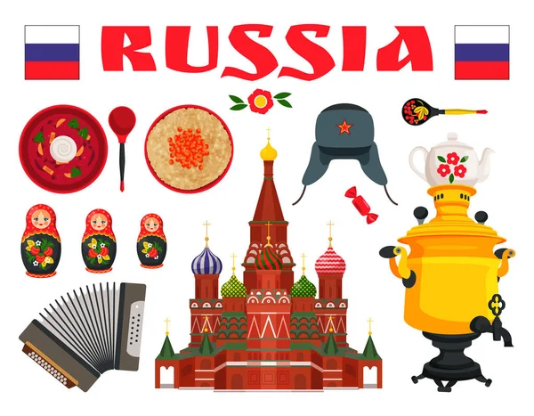 Russland traditionelle Lebensmittel und Unterhaltung Ikone set — Stockvektor