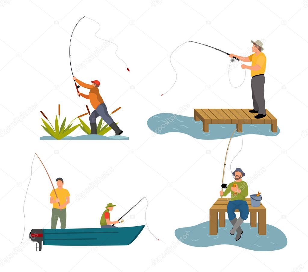 Fishery Rod in Men Hand Set Vector Illustration
