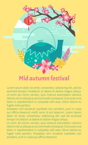 Carte Festival de la mi-automne avec théière et Sakura — Image vectorielle