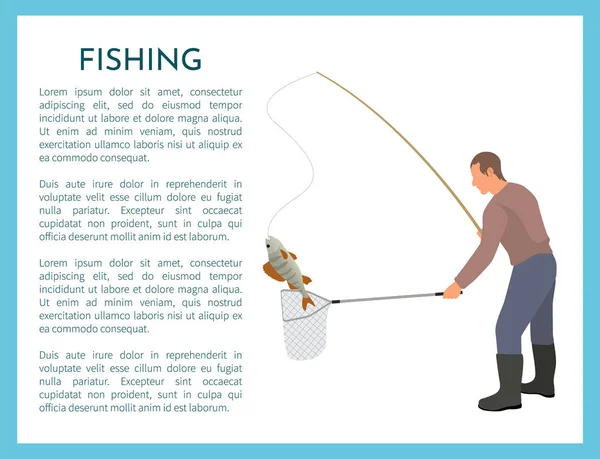 Pesca com Tackle e rede de desembarque para a captura de peixes — Vetor de Stock