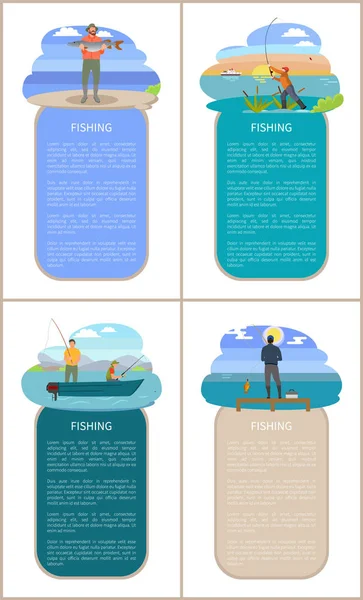 Αφίσα με ανδρών αλιεία και δείγμα πλαισιωμένο κειμένου — Διανυσματικό Αρχείο